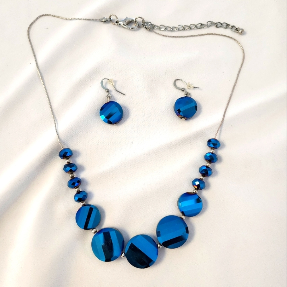 Jewelz Ocean Gleam Beaded Jewelry Necklace& Earring Set Blue Beaded Silver Chain